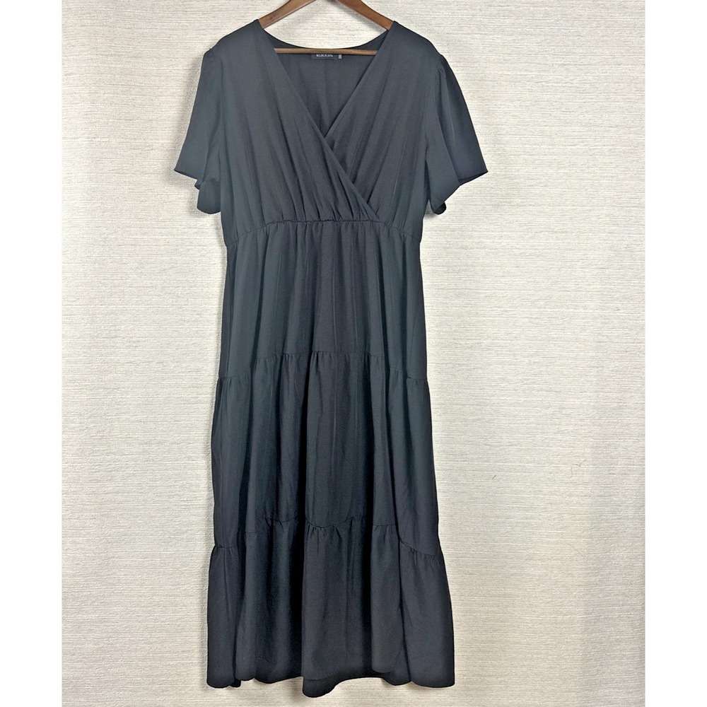 Womens Black Midi Dress 2XL Empire Waist Tiered Flowy Boho Flutter Sleeve V Neck